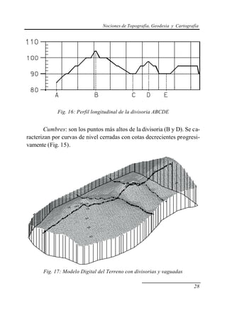 Nociones de Topografía, Geodesia y Cartografía




             Fig. 16: Perfil longitudinal de la divisoria ABCDE


       Cumbres: son los puntos más altos de la divisoria (B y D). Se ca-
racterizan por curvas de nivel cerradas con cotas decrecientes progresi-
vamente (Fig. 15).




       Fig. 17: Modelo Digital del Terreno con divisorias y vaguadas

                                                                            28
 