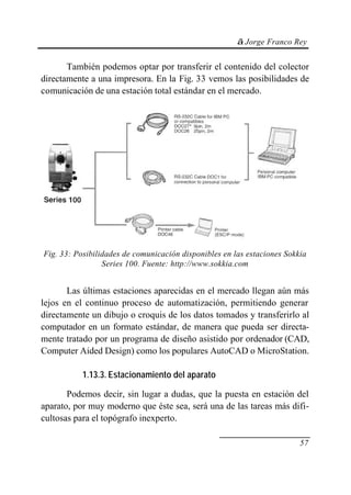 © Jorge Franco Rey


       También podemos optar por transferir el contenido del colector
directamente a una impresora. En la Fig. 33 vemos las posibilidades de
comunicación de una estación total estándar en el mercado.




Fig. 33: Posibilidades de comunicación disponibles en las estaciones Sokkia
                 Series 100. Fuente: http://www.sokkia.com


       Las últimas estaciones aparecidas en el mercado llegan aún más
lejos en el continuo proceso de automatización, permitiendo generar
directamente un dibujo o croquis de los datos tomados y transferirlo al
computador en un formato estándar, de manera que pueda ser directa-
mente tratado por un programa de diseño asistido por ordenador (CAD,
Computer Aided Design) como los populares AutoCAD o MicroStation.

           1.13.3. Estacionamiento del aparato

       Podemos decir, sin lugar a dudas, que la puesta en estación del
aparato, por muy moderno que éste sea, será una de las tareas más difi-
cultosas para el topógrafo inexperto.

                                                                         57
 
