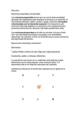 2do ciclo
Nociones espaciales y temporales
Las nocionesespaciales tienen que ver con la direccionalidad,
aprender las habi...