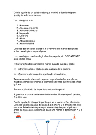 Con la ayuda de un colaboradorque les dirá a donde dirigirse
(cualquiera de las marcas),
Las consignas son:
1. Adelante
2....