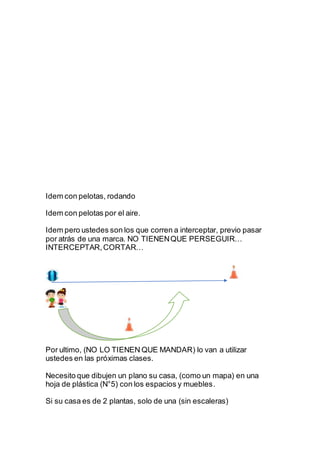 Idem con pelotas, rodando
Idem con pelotas por el aire.
Idem pero ustedes son los que corren a interceptar, previo pasar
p...