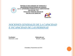 “
”
REPÚBLICA BOLIVARIANA DE VENEZUELA
UNIVERSIDAD BICENTENARIA DE ARAGUA
A.C E. SUPERIORES GERENCIALES CORPOTATIVOS
VALLES DEL TUY
FACULTAD CIENCIAS SOCIALES
ESCUELA DE DERECHO
NOCIONES GENERALES DE LA CAPACIDAD
E INCAPACIDAD DE LAS PERSONAS
Facilitador: Elaborado por:
Arismendi ,Luisa Briceño, Joeglis
Charallave, Noviembre de 2019
 