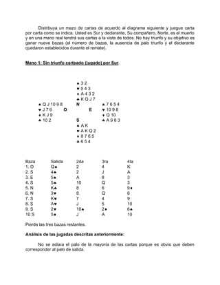 Distribuya un mazo de cartas de acuerdo al diagrama siguiente y juegue carta
por carta como se indica. Usted es Sur y declarante. Su compañero, Norte, es el muerto
y en una mano real tendrá sus cartas a la vista de todos. No hay triunfo y su objetivo es
ganar nueve bazas (el número de bazas, la ausencia de palo triunfo y el declarante
quedaron establecidos durante el remate).
Mano 1: Sin triunfo carteado (jugado) por Sur.
 3 2
 5 4 3
 A 4 3 2
 K Q J 7
 Q J 10 9 8 N  7 6 5 4
 J 7 6 O E  10 9 8
 K J 9  Q 10
 10 2 S  A 9 8 3
 A K
 A K Q 2
 8 7 6 5
 6 5 4
Baza Salida 2da 3ra 4ta
1. O Q 2 4 K
2. S 4 2 J A
3. E 5 A 8 3
4. S 5 10 Q 3
5. N K 8 6 9
6. N 3 8 Q 6
7. S K 7 4 9
8. S A J 5 10
9. S 2 10 2 6
10 S 5 J A 10
Pierde las tres bazas restantes.
Análisis de las jugadas descritas anteriormente:
No se aclara el palo de la mayoría de las cartas porque es obvio que deben
corresponder al palo de salida.
 