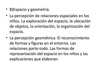 • B)Espacio y geometría.
• La percepción de relaciones espaciales en los
niños. La exploración del espacio, la ubicación
de objetos, la orientación, la organización del
espacio.
• La percepción geométrica. El reconocimiento
de formas y figuras en el entorno. Las
relaciones parte-todo. Las formas de
representación del espacio en los niños y las
explicaciones que elaboran.

 