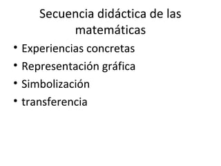 Secuencia didáctica de las
matemáticas
•
•
•
•

Experiencias concretas
Representación gráfica
Simbolización
transferencia

 