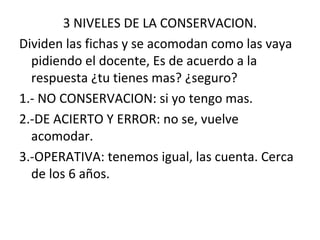 3 NIVELES DE LA CONSERVACION.
Dividen las fichas y se acomodan como las vaya
pidiendo el docente, Es de acuerdo a la
respuesta ¿tu tienes mas? ¿seguro?
1.- NO CONSERVACION: si yo tengo mas.
2.-DE ACIERTO Y ERROR: no se, vuelve
acomodar.
3.-OPERATIVA: tenemos igual, las cuenta. Cerca
de los 6 años.

 