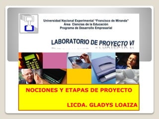 NOCIONES Y ETAPAS DE PROYECTO
LICDA. GLADYS LOAIZA
 