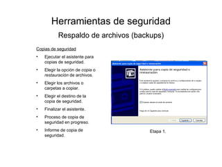 Herramientas de seguridad Respaldo de archivos (backups) Etapa 1. <ul><li>Copias de seguridad </li></ul><ul><li>Ejecutar e...