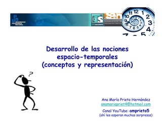 Desarrollo de las nociones
     espacio-temporales
(conceptos y representación)




                  Ana María Prieto Hernández
                  anamariapriet4@hotmail.com
                  Canal YouTube: amprieto5
                 (ahí les esperan muchas sorpresas)
 
