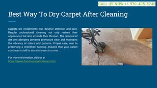 Best Way To Dry Carpet After Cleaning
Carpets are investments that deserve attention and care.
Regular professional cleaning not only revives their
appearance but also extends their lifespan. The removal of
dirt and allergens prevents premature wear and maintains
the vibrancy of colors and patterns. Proper care, akin to
preserving a cherished painting, ensures that your carpet
continues to tell its story for years to come. ...
For more information, visit us at
https://www.thenococarpetcleaner.com/
CALL US NOW +1 970-405-3740
 