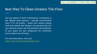 Best Way To Clean Ceramic Tile Floor
Like any aspect of home maintenance, consistency is
key. Regular deep cleaning – typically recommended
every 12 to 18 months – keeps your carpets looking
fresh and extends their lifespan. Incorporating this into
your cleaning routine not only enhances the aesthetics
of your space but also safeguards the investment
you've made in your flooring. ...
For more information, visit us at
https://www.thenococarpetcleaner.com/
CALL US NOW +1 970-405-3740
 