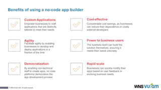 3
© WNS-Vuram 2023. All rights reserved.
Benefits of using a no-code app builder
Agility
Facilitate agility by enabling
businesses to develop and
deploy applications in a
fraction of the time
Democratization
By enabling non-technical
staff to create apps, no code
platforms democratize the
app development process
Custom Applications
Empower businesses to craft
applications that are distinctly
tailored to meet their needs
Power to business users
The business team can build the
solution themselves, ensuring it
meets their needs precisely.
Rapid scale
Businesses can quickly modify their
apps based on user feedback or
evolving business needs.
Cost-effective
Considerable cost savings, as businesses
can reduce their dependence on costly
external developers
 