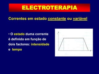 Correntes em estado constante ou variável
• O estado duma corrente
é definido em função de
dois factores: intensidade
e tempo t
ELECTROTERAPIA
 