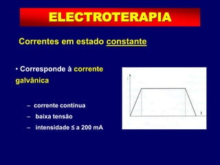 Correntes em estado constante
• Corresponde à corrente
galvânica
– corrente contínua
– baixa tensão
– intensidade ≤ a 200 mA
t
ELECTROTERAPIA
 