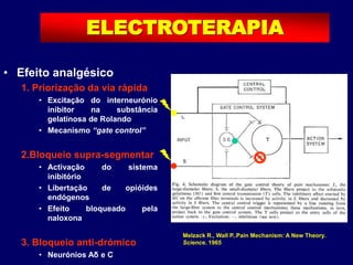 • Efeito analgésico
1. Priorização da via rápida
• Excitação do interneurónio
inibitor na substância
gelatinosa de Rolando
• Mecanismo “gate control”
2.Bloqueio supra-segmentar
• Activação do sistema
inibitório
• Libertação de opióides
endógenos
• Efeito bloqueado pela
naloxona
3. Bloqueio anti-drómico
• Neurónios Aδ e C
ELECTROTERAPIA
Melzack R., Wall P..Pain Mechanism: A New Theory.
Science. 1965
 