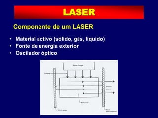 • Material activo (sólido, gás, líquido)
• Fonte de energia exterior
• Oscilador óptico
LASER
Componente de um LASER
 