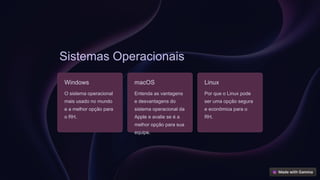 Sistemas Operacionais
Windows
O sistema operacional
mais usado no mundo
e a melhor opção para
o RH.
macOS
Entenda as vantagens
e desvantagens do
sistema operacional da
Apple e avalie se é a
melhor opção para sua
equipe.
Linux
Por que o Linux pode
ser uma opção segura
e econômica para o
RH.
 