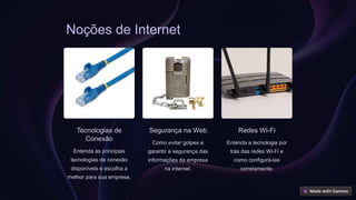 Noções de Internet
Tecnologias de
Conexão
Entenda as principais
tecnologias de conexão
disponíveis e escolha a
melhor para sua empresa.
Segurança na Web
Como evitar golpes e
garantir a segurança das
informações da empresa
na internet.
Redes Wi-Fi
Entenda a tecnologia por
trás das redes Wi-Fi e
como configurá-las
corretamente.
 