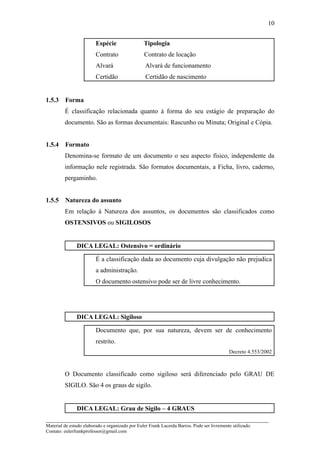 10


                         Espécie                 Tipologia
                         Contrato                Contrato de locação
                         Alvará                   Alvará de funcionamento
                         Certidão                 Certidão de nascimento


1.5.3    Forma
         É classificação relacionada quanto à forma do seu estágio de preparação do
         documento. São as formas documentais: Rascunho ou Minuta; Original e Cópia.


1.5.4    Formato
         Denomina-se formato de um documento o seu aspecto físico, independente da
         informação nele registrada. São formatos documentais, a Ficha, livro, caderno,
         pergaminho.


1.5.5    Natureza do assunto
         Em relação à Natureza dos assuntos, os documentos são classificados como
         OSTENSIVOS ou SIGILOSOS


               DICA LEGAL: Ostensivo = ordinário

                         É a classificação dada ao documento cuja divulgação não prejudica
                         a administração.
                         O documento ostensivo pode ser de livre conhecimento.




               DICA LEGAL: Sigiloso

                         Documento que, por sua natureza, devem ser de conhecimento
                         restrito.
                                                                                            Decreto 4.553/2002



         O Documento classificado como sigiloso será diferenciado pelo GRAU DE
         SIGILO. São 4 os graus de sigilo.


               DICA LEGAL: Grau de Sigilo – 4 GRAUS
_____________________________________________________________________
Material de estudo elaborado e organizado por Euler Frank Lacerda Barros. Pode ser livremente utilizado.
Contato: eulerfrankprofessor@gmail.com
 