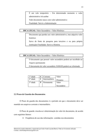 13


                         É um valo temporário – Em determinado momento o valor
                         administrativo irá acabar
                         Todo documento nasce com valor administrativo
                         Finalidade: Servir a Administração


               DICA LEGAL: Valor Secundário = Valor Histórico

                         Documento que perdeu seu valor administrativo, mas adquiriu valor
                         histórico
                         Serve de fonte de pesquisa para terceiros e ou para própria
                         instituição Finalidade: Servir a História




               DICA LEGAL: Valor Secundário = Valor Histórico

                         O documento que possuir valor secundário poderá ser recolhido ao
                         Arquivo permanente
                         O documento de valor secundário JAMAIS poderá ser eliminado




                         1ª idade          C Corrente                  Valor
                         2ª idade          I Intermediário
                                                                       Primário
                         3ª idade          P     Permanente            Valor
                                                                       Secundário



2.2 Prazo de Guarda dos Documentos


         O Prazo de guarda dos documentos é o período em que o documento deve ser
mantido nos arquivos corrente e intermediário.


         O Prazo de guarda vincula-se à determinação do valor do documento, de acordo
com seguintes fatores:
              •    Freqüência do uso das informações contidas nos documentos



_____________________________________________________________________
Material de estudo elaborado e organizado por Euler Frank Lacerda Barros. Pode ser livremente utilizado.
Contato: eulerfrankprofessor@gmail.com
 