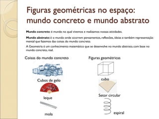 Figuras geométricas no espaço:
mundo concreto e mundo abstrato
Mundo concreto: é mundo no qual vivemos e realizamos nossas atividades.
Mundo abstrato: é o mundo onde ocorrem pensamentos,reflexões, ideias e também representação
mental que fazemos das coisas do mundo concreto.
A Geometria é um conhecimento matemático que se desenvolve no mundo abstrato,com base no
mundo concreto, real.
Coisas do mundo concreto Figuras geométricas
Cubos de gelo cubo
leque
Setor circular
mola espiral
 