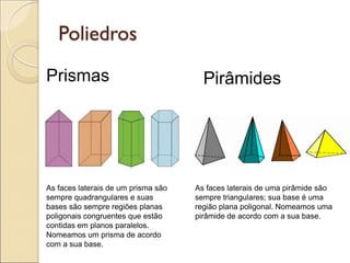 Poliedros
Prismas Pirâmides
As faces laterais de um prisma são
sempre quadrangulares e suas
bases são sempre regiões planas
poligonais congruentes que estão
contidas em planos paralelos.
Nomeamos um prisma de acordo
com a sua base.
As faces laterais de uma pirâmide são
sempre triangulares; sua base é uma
região plana poligonal. Nomeamos uma
pirâmide de acordo com a sua base.
 