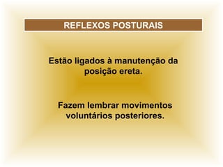 REFLEXOS POSTURAIS
Estão ligados à manutenção da
posição ereta.
Fazem lembrar movimentos
voluntários posteriores.
 