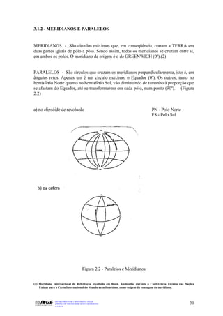3.1.2 - MERIDIANOS E PARALELOS


MERIDIANOS - São círculos máximos que, em conseqüência, cortam a TERRA em
duas partes iguais de pólo a pólo. Sendo assim, todos os meridianos se cruzam entre si,
em ambos os polos. O meridiano de origem é o de GREENWICH (0º).(2)


PARALELOS - São círculos que cruzam os meridianos perpendicularmente, isto é, em
ângulos retos. Apenas um é um círculo máximo, o Equador (0º). Os outros, tanto no
hemisfério Norte quanto no hemisfério Sul, vão diminuindo de tamanho à proporção que
se afastam do Equador, até se transformarem em cada pólo, num ponto (90º). (Figura
2.2)


a) no elipsóide de revolução                                                      PN - Polo Norte
                                                                                  PS - Polo Sul




                                       Figura 2.2 - Paralelos e Meridianos


(2) Meridiano Internacional de Referência, escolhido em Bonn, Alemanha, durante a Conferência Técnica das Nações
    Unidas para a Carta Internacional do Mundo ao milionésimo, como origem da contagem do meridiano.



              DEPARTAMENTO DE CARTOGRAFIA - DECAR
              APOSTILA DE NOÇÕES BÁSICAS DE CARTOGRAFIA                                                      30
              JULHO/98
 