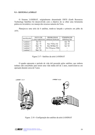 9.1 - SISTEMA LANDSAT


      O Sistema LANDSAT, originalmente denominado ERTS (Earth Resources
Technology Satellite) foi desenvolvido com o objetivo de se obter uma ferramenta
prática no inventário e no manejo dos recursos naturais da Terra.

        Planejou-se uma série de 6 satélites, tendo-se lançado o primeiro em julho de
1975.


                                   DATA DE   PROBLEMAS              TÉRMINO DE
            SATÉLITE
                                 LANÇAMENTO OPERACIONAIS             OPERAÇÃO
             Landsat 1              Jul´ 72         -                  Jan´ 78
             Landsat 2              Jan´ 75  Nov´79/Fev´82             Jul´ 83
             Landsat 3              Mar´ 78  Dez´80/Mar´83             Set´ 83
             Landsat 4              Jul´ 82 Fev´83(apenas TM)             -
             Landsat 5              Mar´ 84         -                     -


                                Figura 2.17 - Satélites da série LANDSAT


     O quadro apresenta o período de vida útil possuido pelos satélites, que embora
tenham sido concebidos para terem uma vida média útil de 2 anos, mantiveram-se em
operação durante cerca de 5 anos.




                Figura 2.18 - Configuração dos satélites da série LANDSAT




             DEPARTAMENTO DE CARTOGRAFIA - DECAR
             APOSTILA DE NOÇÕES BÁSICAS DE CARTOGRAFIA                            59
             JULHO/98
 