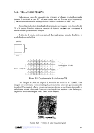 9.1.4 - FORMAÇÃO DE IMAGENS

      Cada vez que o espelho imageador visa o terreno, a voltagem produzida por cada
detector é amostrada a cada 9,95 microssegundos para um detector, aproximadamente
3.300 amostras são tomadas ao longo de uma linha de varredura com 185,2 Km.

     As medidas individuais de radiação são arranjadas nas imagens, com dimensões de
30 x 30 metros. Esta área chama-se elemento de imagem ou pixel, que corresponde à
menor unidade que forma uma imagem.

      A detecção de objetos no terreno depende da relação entre o tamanho do objeto e o
seu brilho (valor de brilho).

   (Pixel)


                 30m




   30 m



                        20     20      20     20     20   28   38   50

                        26     38      50     61     61   50   30   28

                        50     38      26     20     20   20   20   20   Estradas com VB=80
Terreno com VB=20       20     20      20     20     20   20   20   20

                        20     20      28     35     35   35   35   28

                        35     35      28     20     20   20   20   20


                           Figura 2.20 Arranjo espacial de pixels e seus VB

      Uma imagem LANDSAT original, é produzida na escala de 1:1.000.000. Esta
imagem não se apresenta como um retângulo, pois durante o tempo em que os dados são
tomados (25 segundos), a Terra gira um curto espaço devido ao movimento de rotação, e
as linhas de latitude e longitude fazem um certo ângulo com o topo e a base da imagem,
originando então uma imagem com a forma de um trapézio.




                             Figura 2.21 - Formato de uma imagem original
              DEPARTAMENTO DE CARTOGRAFIA - DECAR
              APOSTILA DE NOÇÕES BÁSICAS DE CARTOGRAFIA                                       62
              JULHO/98
 