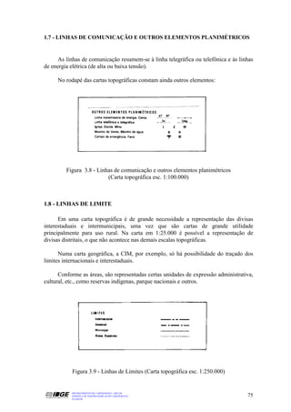1.7 - LINHAS DE COMUNICAÇÃO E OUTROS ELEMENTOS PLANIMÉTRICOS


      As linhas de comunicação resumem-se à linha telegráfica ou telefônica e às linhas
de energia elétrica (de alta ou baixa tensão).

     No rodapé das cartas topográficas constam ainda outros elementos:




         Figura 3.8 - Linhas de comunicação e outros elementos planimétricos
                          (Carta topográfica esc. 1:100.000)



1.8 - LINHAS DE LIMITE

      Em uma carta topográfica é de grande necessidade a representação das divisas
interestaduais e intermunicipais, uma vez que são cartas de grande utilidade
principalmente para uso rural. Na carta em 1:25.000 é possível a representação de
divisas distritais, o que não acontece nas demais escalas topográficas.

      Numa carta geográfica, a CIM, por exemplo, só há possibilidade do traçado dos
limites internacionais e interestaduais.

      Conforme as áreas, são representadas certas unidades de expressão administrativa,
cultural, etc., como reservas indígenas, parque nacionais e outros.




           Figura 3.9 - Linhas de Limites (Carta topográfica esc. 1:250.000)


           DEPARTAMENTO DE CARTOGRAFIA - DECAR
           APOSTILA DE NOÇÕES BÁSICAS DE CARTOGRAFIA                                75
           JULHO/98
 