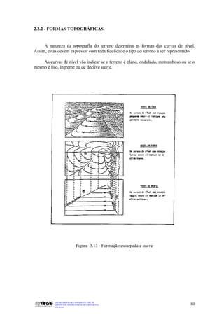2.2.2 - FORMAS TOPOGRÁFICAS


     A natureza da topografia do terreno determina as formas das curvas de nível.
Assim, estas devem expressar com toda fidelidade o tipo do terreno à ser representado.

    As curvas de nível vão indicar se o terreno é plano, ondulado, montanhoso ou se o
mesmo é liso, íngreme ou de declive suave.




                              Figura 3.13 - Formação escarpada e suave




           DEPARTAMENTO DE CARTOGRAFIA - DECAR
           APOSTILA DE NOÇÕES BÁSICAS DE CARTOGRAFIA                               80
           JULHO/98
 