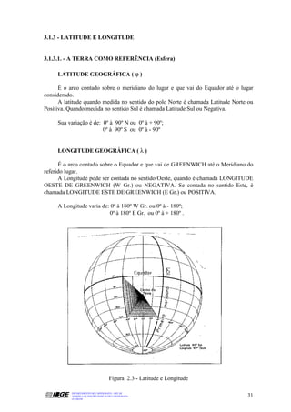 3.1.3 - LATITUDE E LONGITUDE


3.1.3.1. - A TERRA COMO REFERÊNCIA (Esfera)

     LATITUDE GEOGRÁFICA ( ϕ )

      É o arco contado sobre o meridiano do lugar e que vai do Equador até o lugar
considerado.
      A latitude quando medida no sentido do polo Norte é chamada Latitude Norte ou
Positiva. Quando medida no sentido Sul é chamada Latitude Sul ou Negativa.

     Sua variação é de: 0º à 90º N ou 0º à + 90º;
                        0º à 90º S ou 0º à - 90º


     LONGITUDE GEOGRÁFICA ( λ )

      É o arco contado sobre o Equador e que vai de GREENWICH até o Meridiano do
referido lugar.
      A Longitude pode ser contada no sentido Oeste, quando é chamada LONGITUDE
OESTE DE GREENWICH (W Gr.) ou NEGATIVA. Se contada no sentido Este, é
chamada LONGITUDE ESTE DE GREENWICH (E Gr.) ou POSITIVA.

     A Longitude varia de: 0º à 180º W Gr. ou 0º à - 180º;
                          0º à 180º E Gr. ou 0º à + 180º .




                                      Figura 2.3 - Latitude e Longitude

           DEPARTAMENTO DE CARTOGRAFIA - DECAR
           APOSTILA DE NOÇÕES BÁSICAS DE CARTOGRAFIA                            31
           JULHO/98
 
