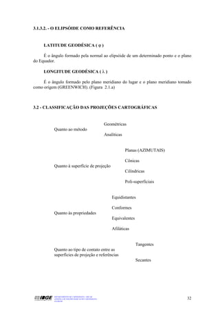3.1.3.2. - O ELIPSÓIDE COMO REFERÊNCIA


     LATITUDE GEODÉSICA ( ϕ )

     É o ângulo formado pela normal ao elipsóide de um determinado ponto e o plano
do Equador.

     LONGITUDE GEODÉSICA ( λ )

     É o ângulo formado pelo plano meridiano do lugar e o plano meridiano tomado
como origem (GREENWICH). (Figura 2.1.a)



3.2 - CLASSIFICAÇÃO DAS PROJEÇÕES CARTOGRÁFICAS


                                                      Geométricas
          Quanto ao método
                                                      Analíticas


                                                                   Planas (AZIMUTAIS)

                                                                   Cônicas
          Quanto à superfície de projeção
                                                                   Cilíndricas

                                                                   Poli-superficiais


                                                          Equidistantes

                                                          Conformes
          Quanto às propriedades
                                                          Equivalentes

                                                          Afiláticas


                                                                         Tangentes
          Quanto ao tipo de contato entre as
          superfícies de projeção e referências
                                                                         Secantes




          DEPARTAMENTO DE CARTOGRAFIA - DECAR
          APOSTILA DE NOÇÕES BÁSICAS DE CARTOGRAFIA                                     32
          JULHO/98
 