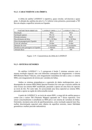 9.1.2 - CARACTERÍSTICA DA ÓRBITA


      A órbita do satélite LANDSAT é repetitiva, quase circular, sol-síncrona e quase
polar. A altitude dos satélites da série 4 e 5 é inferior à dos primeiros, posicionado a 705
Km em relação a superfície terrestre.no Equador.



     PARÂMETROS ORBITAIS                                LANDSAT (MSS) 1, 2 e 3   LANDSAT (TM) 4 e 5
Resolução                                                       80 m                    30 m
Inclinação (graus)                                             99,114                     98
Período (minuto)                                               103,267                  98,20
Recobrimento da faixa                                       185 x 185 Km            185 x 185 Km
Hora da passagem pelo Equador                                   09:15                   09:45
Ciclo de cobertura                                             18 dias                 16 dias
Duração do ciclo                                           251 revoluções          233 revoluções
Distância entre passagens no Equador                          2.760 Km                2.760 Km
Altitude (Km)                                                    920                     709


                      Figura 2.19 - Características da órbita do LANDSAT



9.1.3 - SISTEMAS SENSORES


    Os satélites LANDSAT 1 e 2 carregavam à bordo 2 sistemas sensores com a
mesma resolução espacial, mas com diferentes concepções de imageamento: o sistema
RBV(Returm Beam Vidicon), com imageamento instantâneo de toda a cena e o sistema
MSS, com imageamento do terreno por varredura de linhas.

       Ambos os sistemas propunham-se a aquisição de dados multiespectrais, mas o
desempenho do sistema MSS (Multi Spectral Scanner) fez com que o terceiro satélite da
série tivesse seu sistema RBV modificado, passando a operar em uma faixa do espectro
ao invés de três. Por outro lado, foi acrescentada uma faixa espectral ao sistema MSS,
passando a operar na região do infravermelho termal.

      A partir do LANDSAT 4, ao invés do sensor RBV, a carga útil do satélite passou a
contar com o sensor TM (Thematic Mapper) operando em 7 faixas espectrais. Esse
sensor conceitualmente é semelhante ao MSS pois é um sistema de varredura de linhas.
Entretanto, incorpora uma série de aperfeiçoamentos, como resolução espacial mais fina,
melhor discriminação espectral entre objetos da superfície terrestre, maior fidelidade
geométrica e melhor precisão radiométrica.




            DEPARTAMENTO DE CARTOGRAFIA - DECAR
            APOSTILA DE NOÇÕES BÁSICAS DE CARTOGRAFIA                                             61
            JULHO/98
 