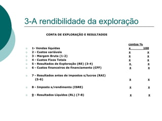 3-A rendibilidade da exploração
           CONTA DE EXPLORAÇÃO E RESULTADOS


                                                    contos %
  1- Vendas líquidas                                x        100
  2 - Custos variáveis                              x          x
  3 - Margem Bruta (1-2)                            x          x
  4 - Custos Fixos Totais                           x          x
  5 - Resultados de Exploração (RE) (3-4)           x          x
  6 - Custos financeiros de financiamento (CFF)      x         x

  7 - Resultados antes de impostos s/lucros (RAI)
    (5-6)                                           x         x

  8 - Imposto s/rendimento (ISRE)                   x          x

  9 - Resultados Líquidos (RL) (7-8)                x          x
 