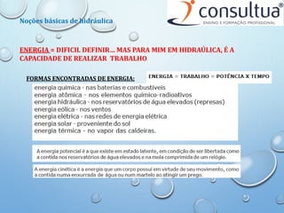 ENERGIA = DIFICIL DEFINIR… MAS PARA MIM EM HIDRAÚLICA, É A
CAPACIDADE DE REALIZAR TRABALHO
Noções básicas de hidráulica
FORMAS ENCONTRADAS DE ENERGIA:
 