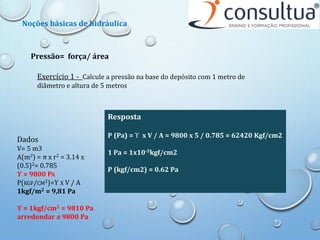 Noções básicas de hidráulica
Exercício 1 - Calcule a pressão na base do depósito com 1 metro de
diâmetro e altura de 5 metros
Dados
V= 5 m3
A(m2) = π x r2 = 3.14 x
(0.5)2= 0.785
Υ = 9800 PA
P(KGF/CM2)=Υ X V / A
1kgf/m2 = 9,81 Pa
Υ = 1kgf/cm2 = 9810 Pa
arredondar a 9800 Pa
Resposta
P (Pa) = Υ x V / A = 9800 x 5 / 0.785 = 62420 Kgf/cm2
1 Pa = 1x10-5kgf/cm2
P (kgf/cm2) = 0.62 Pa
Pressão= força/ área
 