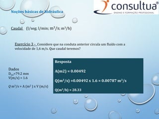 Noções básicas de hidráulica
Exercício 3 - Considere que na conduta anterior circula um fluído com a
velocidade de 1,6 m/s. Que caudal teremos?
Dados
Dint=79.2 mm
V(m/s) = 1.6
Q m3/s = A (m2 ) x V (m/s)
Resposta
A(m2) = 0.00492
Q(m3/s) =0.00492 x 1.6 = 0.00787 m3/s
Q(m3/h) = 28.33
Caudal (l/seg; l/min; m3/s; m3/h)
 