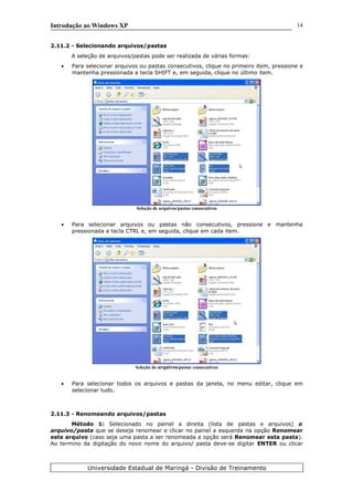 Introdução ao Windows XP
2.11.2 - Selecionando arquivos/pastas
A seleção de arquivos/pastas pode ser realizada de várias formas:
• Para selecionar arquivos ou pastas consecutivos, clique no primeiro item, pressione e
mantenha pressionada a tecla SHIFT e, em seguida, clique no último item.
Seleção de arquivos/pastas consecutivos
• Para selecionar arquivos ou pastas não consecutivos, pressione e mantenha
pressionada a tecla CTRL e, em seguida, clique em cada item.
Seleção de arquivos/pastas consecutivos
• Para selecionar todos os arquivos e pastas da janela, no menu editar, clique em
selecionar tudo.
2.11.3 - Renomeando arquivos/pastas
Método 1: Selecionado no painel a direita (lista de pastas e arquivos) o
arquivo/pasta que se deseja renomear e clicar no painel a esquerda na opção Renomear
este arquivo (caso seja uma pasta a ser renomeada a opção será Renomear esta pasta).
Ao termino da digitação do novo nome do arquivo/ pasta deve-se digitar ENTER ou clicar
Universidade Estadual de Maringá - Divisão de Treinamento
14
 