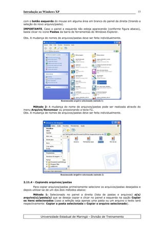 Introdução ao Windows XP
com o botão esquerdo do mouse em alguma área em branco do painel da direita (tirando a
seleção do novo arquivo/pasta).
IMPORTANTE. Caso o painel a esquerda não esteja aparecendo (conforme figura abaixo),
basta clicar no ícone Pastas da barra de ferramentas do Windows Explorer.
Obs. A mudança de nomes de arquivos/pastas deve ser feita individualmente.
Renomeando arquivo selecionado (método 1)
Método 2: A mudança do nome de arquivos/pastas pode ser realizada através do
menu Arquivo/Renomear ou pressionando a tecla F2.
Obs. A mudança de nomes de arquivos/pastas deve ser feita individualmente.
Renomeando arquivo selecionado (método 2)
2.11.4 - Copiando arquivos/pastas
Para copiar arquivos/pastas primeiramente selecione os arquivos/pastas desejados e
depois utilizar-se de um dos dois métodos abaixo:
Método 1: Selecionado no painel a direita (lista de pastas e arquivos) o(s)
arquivo(s)/pasta(s) que se deseja copiar e clicar no painel a esquerda na opção Copiar
os itens selecionados (caso a seleção seja apenas uma pasta ou um arquivo o texto será
respectivamente: Copiar a pasta selecionada e Copiar o arquivo selecionado).
Universidade Estadual de Maringá - Divisão de Treinamento
15
 