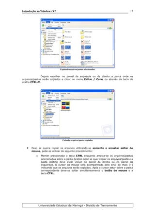 Introdução ao Windows XP
Copiando arquivos/pastas selecionados.
Depois escolher no painel da esquerda ou da direita a pasta onde os
arquivos/pastas serão copiados e clicar no menu Editar / Colar ou através da tecla de
atalho CTRL-V.
Colando arquivos/pastas copiados
• Caso se queira copiar os arquivos utilizando-se somente o arrastar soltar do
mouse, pode-se utilizar do seguinte procedimento:
o Manter pressionada a tecla CTRL enquanto arrasta-se os arquivos/pastas
selecionados sobre a pasta destino onde se quer copiar os arquivos/pastas (a
pasta destino deve estar visível no painel da direita ou no painel da
esquerda). O cursor do mouse será acompanhado pelo sinal de mais (+)
indicando que os arquivos serão copiados. Após o cursor estar sobre a pasta
correspondente deve-se soltar simultaneamente o botão do mouse e a
tecla CTRL.
Universidade Estadual de Maringá - Divisão de Treinamento
17
 