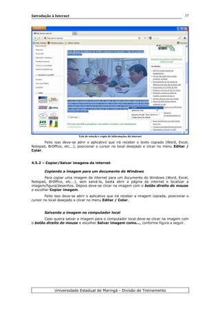 Introdução à Internet
Tela de seleção e cópia de informações da internet
Feito isso deve-se abrir o aplicativo que irá receber o texto copiado (Word, Excel,
Notepad, BrOffice, etc...), posicionar o cursor no local desejado e clicar no menu Editar /
Colar.
4.5.2 – Copiar/Salvar imagens da internet
Copiando a imagem para um documento do Windows
Para copiar uma imagem da internet para um documento do Windows (Word, Excel,
Notepad, BrOffice, etc...), sem salvá-la, basta abrir a página da internet e localizar a
imagem/figura/desenhos. Depois deve-se clicar na imagem com o botão direito do mouse
e escolher Copiar imagem.
Feito isso deve-se abrir o aplicativo que irá receber a imagem copiada, posicionar o
cursor no local desejado e clicar no menu Editar / Colar.
Salvando a imagem no computador local
Caso queira salvar a imagem para o computador local deve-se clicar na imagem com
o botão direito do mouse e escolher Salvar imagem como..., conforme figura a seguir.
Universidade Estadual de Maringá - Divisão de Treinamento
37
 