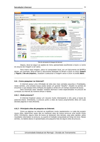 Introdução à Internet
Tela de salvamento de imagem da internet
Depois, deve-se seguir as opções do menu apresentado escolhendo o local e o nome
do arquivo de imagem a ser salvo.
Para inserir essa imagem, salva no computador local, em um documento do BrOffice
Writer, por exemplo, deve-se abrir o documento desejado no Writer e clicar no menu Inserir
/ Figura / De um arquivo... localizar e selecionar a imagem salva e clicar no botão Abrir.
4.6 – Como pesquisar na Internet?
A internet possui uma infinidade de sites dos mais variados assuntos e finalidades,
nesse sentido, uma simples busca acaba sendo um grande “desafio”. Desafio no sentido de
encontrar o que deseja entre milhares de opções e ainda em um tempo razoável de busca.
Para minimizar esse “desafio” existem técnicas e sites especializados na procura de
conteúdo na internet de maneira eficaz e rápida.
4.6.1 - Onde procurar?
O Internet Explorer possui um recurso muito interessante e útil, para a busca de
palavras-chave. Entretanto, a procura junto a sites de busca propriamente ditos em suas
devidas páginas é mais eficiente.
4.6.2 - Principais sites de pesquisa na Internet.
Como as páginas na internet se modificam muito rapidamente e a cada dia surgem
novos sites, determinar quais são os melhores sites de busca torna-se uma tarefa muito
difícil. Entretanto, alguns sites de busca se destacam dos demais, seja pela rapidez, pelos
resultados retornados na procura, ou quanto à tradição conquistada ao longo de anos. Nesse
sentido, na tabela abaixo é apresentada uma pequena lista de alguns sites de procura.
Universidade Estadual de Maringá - Divisão de Treinamento
38
 