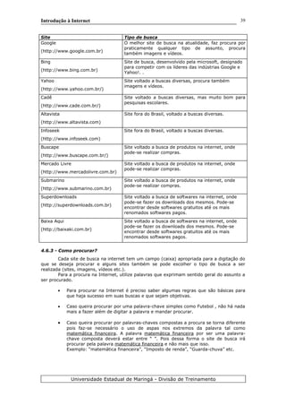Introdução à Internet
Site Tipo de busca
Google
(http://www.google.com.br)
O melhor site de busca na atualidade, faz procura por
praticamente qualquer tipo de assunto, procura
também imagens e vídeos.
Bing
(http://www.bing.com.br)
Site de busca, desenvolvido pela microsoft, designado
para competir com os líderes das indústrias Google e
Yahoo!. .
Yahoo
(http://www.yahoo.com.br/)
Site voltado a buscas diversas, procura também
imagens e vídeos.
Cadê
(http://www.cade.com.br/)
Site voltado a buscas diversas, mas muito bom para
pesquisas escolares.
Altavista
(http://www.altavista.com)
Site fora do Brasil, voltado a buscas diversas.
Infoseek
(http://www.infoseek.com)
Site fora do Brasil, voltado a buscas diversas.
Buscape
(http://www.buscape.com.br/)
Site voltado a busca de produtos na internet, onde
pode-se realizar compras.
Mercado Livre
(http://www.mercadolivre.com.br)
Site voltado a busca de produtos na internet, onde
pode-se realizar compras.
Submarino
(http://www.submarino.com.br)
Site voltado a busca de produtos na internet, onde
pode-se realizar compras.
Superdownloads
(http://superdownloads.com.br)
Site voltado a busca de softwares na internet, onde
pode-se fazer os downloads dos mesmos. Pode-se
encontrar desde softwares gratuitos até os mais
renomados softwares pagos.
Baixa Aqui
(http://baixaki.com.br)
Site voltado a busca de softwares na internet, onde
pode-se fazer os downloads dos mesmos. Pode-se
encontrar desde softwares gratuitos até os mais
renomados softwares pagos.
4.6.3 - Como procurar?
Cada site de busca na internet tem um campo (caixa) apropriada para a digitação do
que se deseja procurar e alguns sites também se pode escolher o tipo de busca a ser
realizada (sites, imagens, vídeos etc.).
Para a procura na Internet, utilize palavras que exprimam sentido geral do assunto a
ser procurado.
• Para procurar na Internet é preciso saber algumas regras que são básicas para
que haja sucesso em suas buscas e que sejam objetivas.
• Caso queira procurar por uma palavra-chave simples como Futebol , não há nada
mais a fazer além de digitar a palavra e mandar procurar.
• Caso queira procurar por palavras-chaves compostas a procura se torna diferente
pois faz-se necessário o uso de aspas nos extremos da palavra tal como
matemática financeira. A palavra matemática financeira por ser uma palavra-
chave composta deverá estar entre “ ”. Pois dessa forma o site de busca irá
procurar pela palavra matemática financeira e não mais que isso.
Exemplo: “matemática financeira”, “Imposto de renda”, “Guarda-chuva” etc.
Universidade Estadual de Maringá - Divisão de Treinamento
39
 