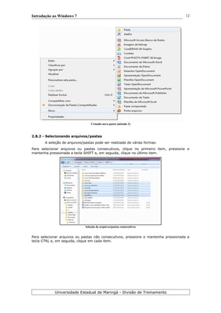 Introdução ao Windows 7
Criando nova pasta (método 2)
2.8.2 - Selecionando arquivos/pastas
A seleção de arquivos/pastas pode ser realizada de várias formas:
Para selecionar arquivos ou pastas consecutivos, clique no primeiro item, pressione e
mantenha pressionada a tecla SHIFT e, em seguida, clique no último item.
Seleção de arquivos/pastas consecutivos
Para selecionar arquivos ou pastas não consecutivos, pressione e mantenha pressionada a
tecla CTRL e, em seguida, clique em cada item.
Universidade Estadual de Maringá - Divisão de Treinamento
12
 