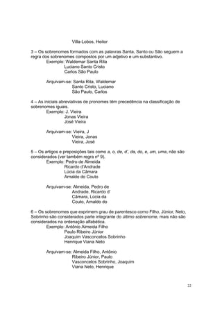 22
Villa-Lobos, Heitor
3 – Os sobrenomes formados com as palavras Santa, Santo ou São seguem a
regra dos sobrenomes compostos por um adjetivo e um substantivo.
Exemplo: Waldemar Santa Rita
Luciano Santo Cristo
Carlos São Paulo
Arquivam-se: Santa Rita, Waldemar
Santo Cristo, Luciano
São Paulo, Carlos
4 – As iniciais abreviativas de pronomes têm precedência na classificação de
sobrenomes iguais.
Exemplo: J. Vieira
Jonas Vieira
José Vieira
Arquivam-se: Vieira, J
Vieira, Jonas
Vieira, José
5 – Os artigos e preposições tais como a, o, de, d’, da, do, e, um, uma, não são
considerados (ver também regra nº 9).
Exemplo: Pedro de Almeida
Ricardo d’Andrade
Lúcia da Câmara
Arnaldo do Couto
Arquivam-se: Almeida, Pedro de
Andrade, Ricardo d’
Câmara, Lúcia da
Couto, Arnaldo do
6 – Os sobrenomes que exprimem grau de parentesco como Filho, Júnior, Neto,
Sobrinho são considerados parte integrante do último sobrenome, mais não são
considerados na ordenação alfabética.
Exemplo: Antônio Almeida Filho
Paulo Ribeiro Júnior
Joaquim Vasconcelos Sobrinho
Henrique Viana Neto
Arquivam-se: Almeida Filho, Antônio
Ribeiro Júnior, Paulo
Vasconcelos Sobrinho, Joaquim
Viana Neto, Henrique
 