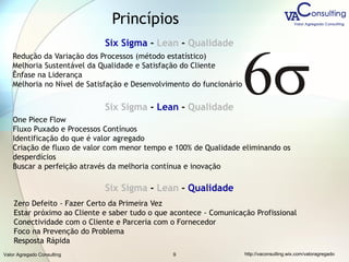 Valor Agregado Consulting http://vaconsulting.wix.com/valoragregado9
Six Sigma - Lean - Qualidade
Six Sigma - Lean - Qualidade
Six Sigma - Lean - Qualidade
Redução da Variação dos Processos (método estatístico)
Melhoria Sustentável da Qualidade e Satisfação do Cliente
Ênfase na Liderança
Melhoria no Nível de Satisfação e Desenvolvimento do funcionário
One Piece Flow
Fluxo Puxado e Processos Contínuos
Identificação do que é valor agregado
Criação de fluxo de valor com menor tempo e 100% de Qualidade eliminando os
desperdícios
Buscar a perfeição através da melhoria contínua e inovação
Zero Defeito - Fazer Certo da Primeira Vez
Estar próximo ao Cliente e saber tudo o que acontece - Comunicação Profissional
Conectividade com o Cliente e Parceria com o Fornecedor
Foco na Prevenção do Problema
Resposta Rápida
Princípios
 