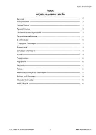 Noções de Administração


                                                                           ÍNDICE
                                                    NOÇÕES DE ADMINISTRAÇÃO
                                                                                                                                                     2
           Conceitos ···························································································································
           Princípios Gerais ················································································································        2

           Funções Básicas ················································································································          2

           Tipos de Estrutura ···············································································································        3

           Características das Organizações ·····················································································                    3

           Características da Estrutura ·······························································································              4

           O Administrador ··················································································································        5

           O Serviço de Enfermagem ··································································································                5

           Organograma ······················································································································        6

           Manuais de Enfermagem ····································································································                8

           Normas ·······························································································································    9

           Procedimentos ····················································································································        10

           Regulamento ······················································································································· 10

           Regimento ··························································································································· 11

           Rotinas ·······························································································································   11

           Sistema de Informação em Enfermagem ···········································································                           12

           Auditoria em Enfermagem ··································································································                13

           Educação Continuada ········································································································· 15

           BIBLIOGRAFIA ··················································································································           16




CTE - Central do Técnico de Enfermagem                                           1                                                       www.tecnoenf.com.br
 