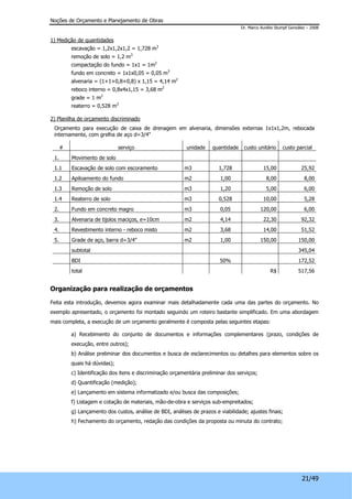 Noções de Orçamento e Planejamento de Obras 
Dr. Marco Aurélio Stumpf González – 2008 
21/49 
1) Medição de quantidades 
escavação = 1,2x1,2x1,2 = 1,728 m3 
remoção de solo = 1,2 m3 
compactação do fundo = 1x1 = 1m2 
fundo em concreto = 1x1x0,05 = 0,05 m3 
alvenaria = (1+1+0,8+0,8) x 1,15 = 4,14 m2 
reboco interno = 0,8x4x1,15 = 3,68 m2 
grade = 1 m2 
reaterro = 0,528 m3 
2) Planilha de orçamento discriminado 
Orçamento para execução de caixa de drenagem em alvenaria, dimensões externas 1x1x1,2m, rebocada 
internamente, com grelha de aço d=3/4" 
# serviço unidade quantidade custo unitário custo parcial 
1. Movimento de solo 
1.1 Escavação de solo com escoramento m3 1,728 15,00 25,92 
1.2 Apiloamento do fundo m2 1,00 8,00 8,00 
1.3 Remoção de solo m3 1,20 5,00 6,00 
1.4 Reaterro de solo m3 0,528 10,00 5,28 
2. Fundo em concreto magro m3 0,05 120,00 6,00 
3. Alvenaria de tijolos maciços, e=10cm m2 4,14 22,30 92,32 
4. Revestimento interno - reboco misto m2 3,68 14,00 51,52 
5. Grade de aço, barra d=3/4" m2 1,00 150,00 150,00 
subtotal 345,04 
BDI 50% 172,52 
total R$ 517,56 
Organização para realização de orçamentos 
Feita esta introdução, devemos agora examinar mais detalhadamente cada uma das partes do orçamento. No 
exemplo apresentado, o orçamento foi montado seguindo um roteiro bastante simplificado. Em uma abordagem 
mais completa, a execução de um orçamento geralmente é composta pelas seguintes etapas: 
a) Recebimento do conjunto de documentos e informações complementares (prazo, condições de 
execução, entre outros); 
b) Análise preliminar dos documentos e busca de esclarecimentos ou detalhes para elementos sobre os 
quais há dúvidas); 
c) Identificação dos itens e discriminação orçamentária preliminar dos serviços; 
d) Quantificação (medição); 
e) Lançamento em sistema informatizado e/ou busca das composições; 
f) Listagem e cotação de materiais, mão-de-obra e serviços sub-empreitados; 
g) Lançamento dos custos, análise de BDI, análises de prazos e viabilidade; ajustes finais; 
h) Fechamento do orçamento, redação das condições da proposta ou minuta do contrato; 
 